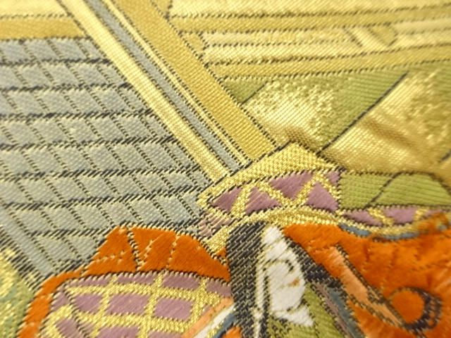  木々に屋敷・人物模様織出し全通袋帯